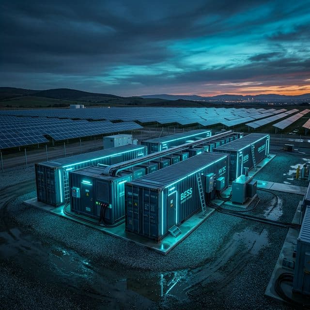 Containerized Battery Energy Storage System (BESS) installed at a solar farm